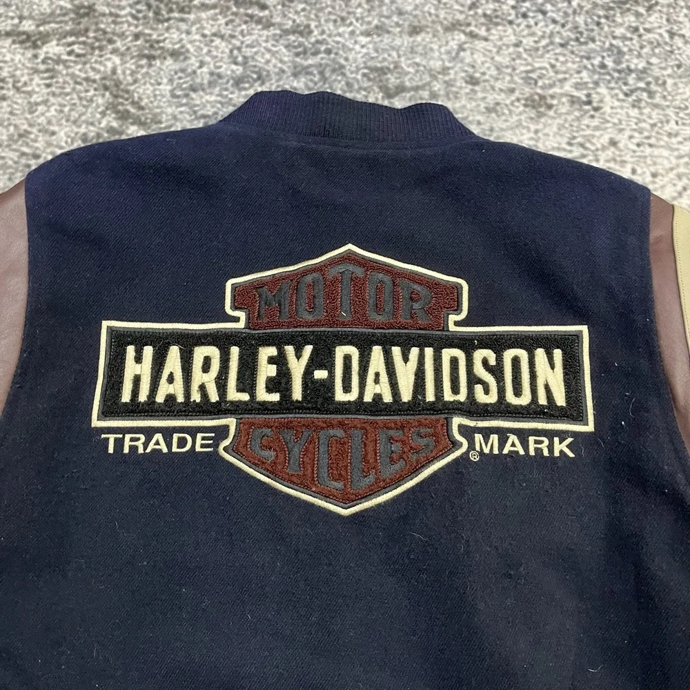 VTG Harley Davidson Leather Varsity‎ Bomber Jacket XL Navy Blue Embroidered Logo